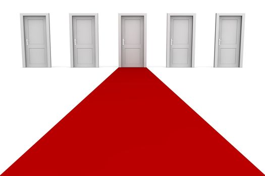 line of five doors - red carpet to the middle grey door