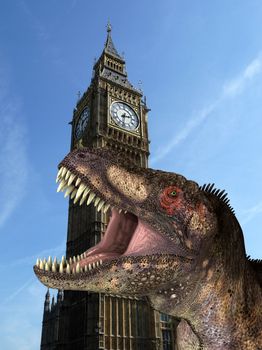 A humorous hoax image of a Tyrannosaurus Rex in a menacing pose, in front of the Houses Of Parliament In London.