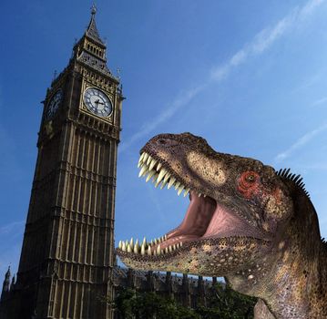 A humorous hoax image of a Tyrannosaurus Rex in a menacing pose, in front of the Houses Of Parliament In London.