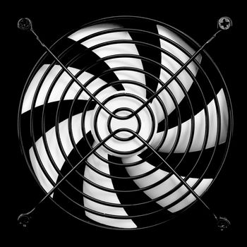The computer fan of white colour on a black background