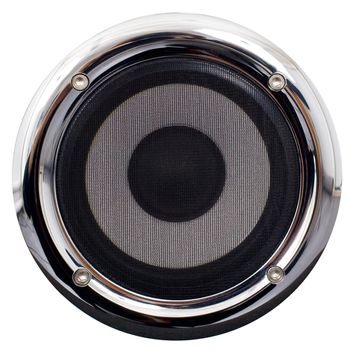 Round speaker with the chromeplated framework on a white background