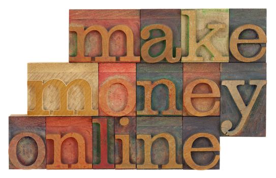 make money online phrase in vintage wood letterpress type blocks, stained by color inks, isolated on white