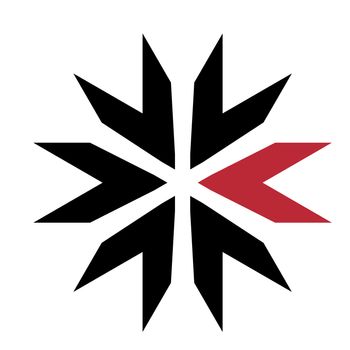 An abstract star shaped illustration with six sections. One section is red the others are black.