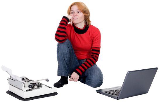 The girl with the laptop and a typewriter, on a white background
