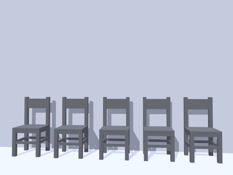 row of five grey chairs - 3d illustration