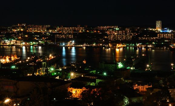 Night city landscape - view of Vladivostok lights.