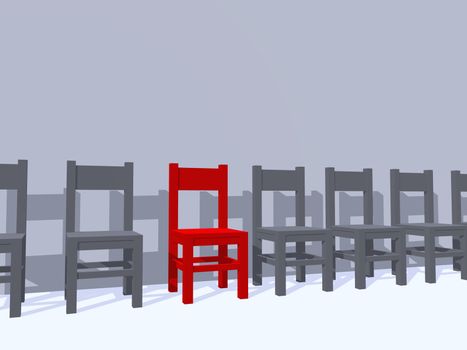 row of chairs, one in red - 3d illustration