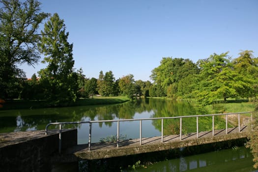 Lake in park, castle in Zamecke Lednice