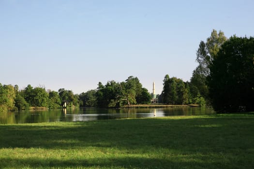 Lake in park, castle in Lednice