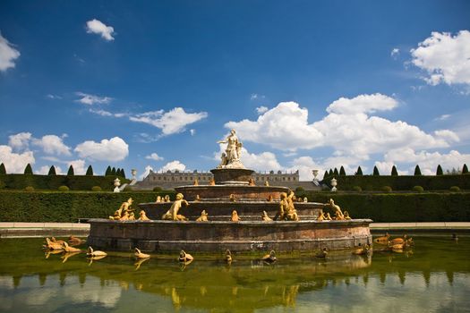 View over one of the main fountains in the Versailles Palace, in Paris, France.