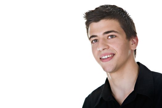 Portrait of a handsome young man, wearing a black shirt, smiling. Isolated on white background.