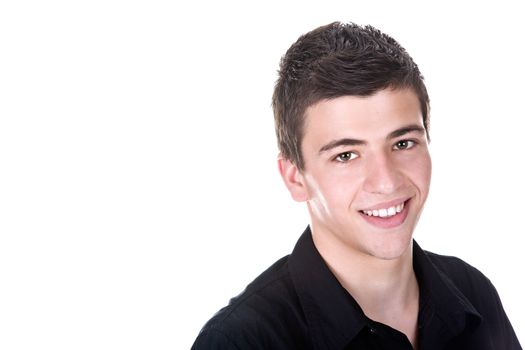 Portrait of a handsome young man, wearing a black shirt, smiling. Isolated on white background.