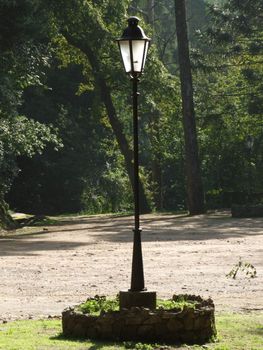 Ancient park lamp, with trees on the background