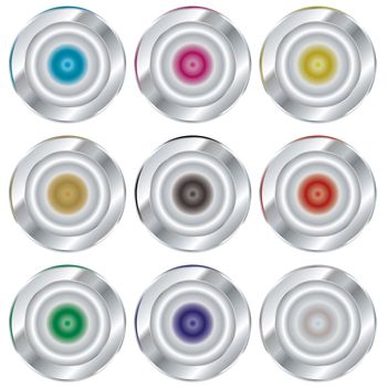 collection of silver buttons with color variations and copy space