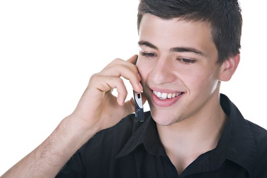 Close-up portrait of a handsome young man, talking on the phone. Isolated on white. Studio shot.