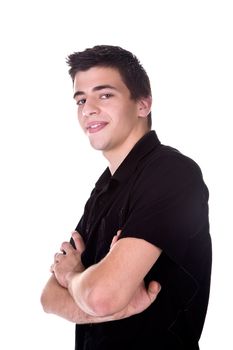 Portrait of a handsome young man, wearing a black shirt, with arms crossed, smiling. Isolated on white background.