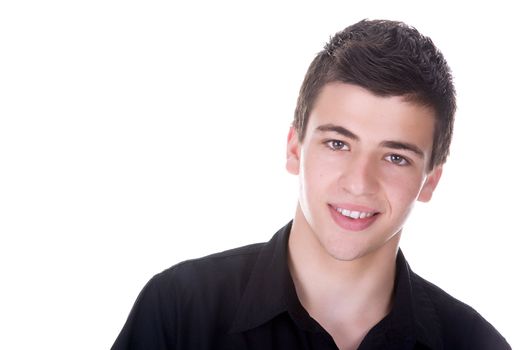 Portrait of a handsome young man, wearing a black shirt, smiling. Isolated on white background.