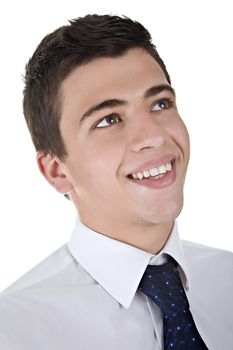 Portrait of a handsome young man smiling, wearing white shirt and necktie. Isolated on white. Studio Shot.