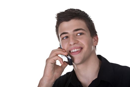 Close-up portrait of a handsome young man, talking on the phone. Isolated on white. Studio shot.