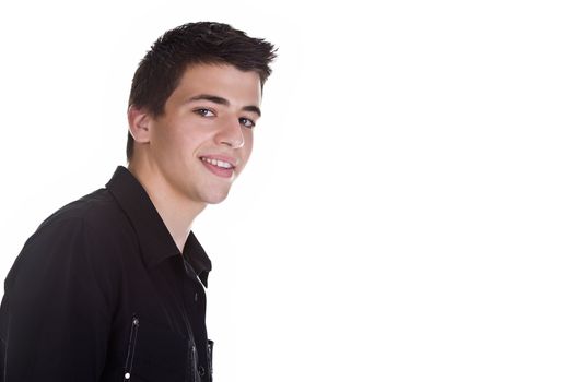 Portrait of a handsome young man, wearing a black shirt, smiling. Isolated on white background.