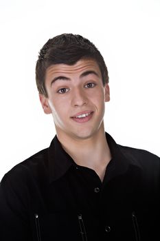 Portrait of a handsome young man with a surprised look. Isolated on white, studio shot.