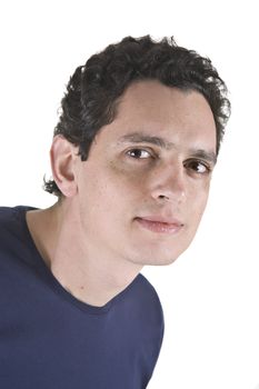 Handsome young man, peeking. Isolated on white background, studio shot.