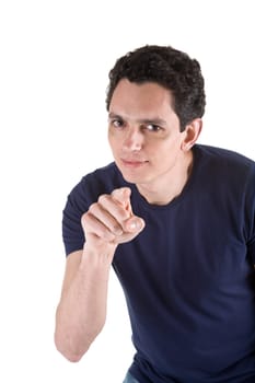 Portrait of a man with cute expression smiling, pointing at you. Studio shot. Isolated on white.