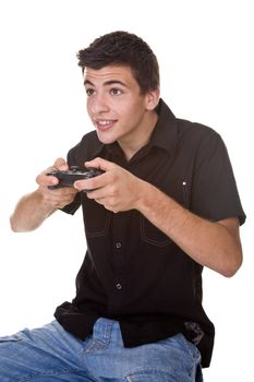 Handsome young man, playing a computer / console game. Isolated on white. Studio Shot.