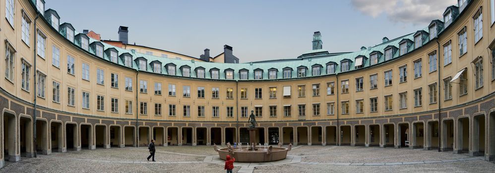 Fountain in an internal Courtyard (Brantingtorget) in the Stockholm center. Author of bronze sculpture Morgon ("Morning") is Ivar Johnsson