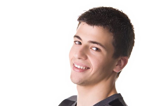 Portrait of a handsome young man, wearing a black shirt, smiling. Isolated on white background.