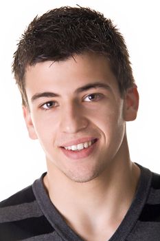 Portrait of a handsome young man, wearing a black shirt, smiling. Isolated on white background.