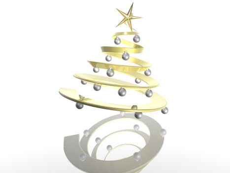 3D render of a shiny christmas tree with ornaments, with reflection.