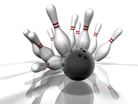 3D render of a bowling strike with shadows and reflection.