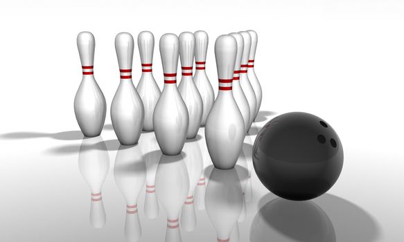 3D render of a bowling game. With shadows and reflection.