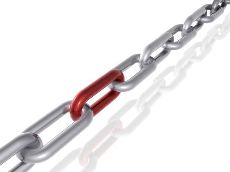 3D render of a chain with red link. Concept: Leadership, strength.