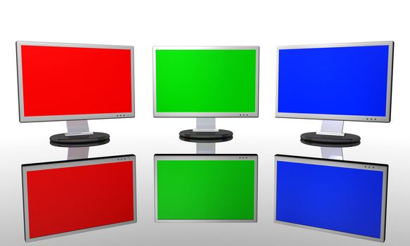 3D render of three monitors showing RGB Colors.