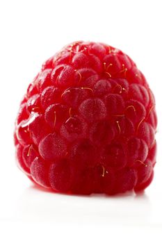 closeup of one raspberry isolated on white background