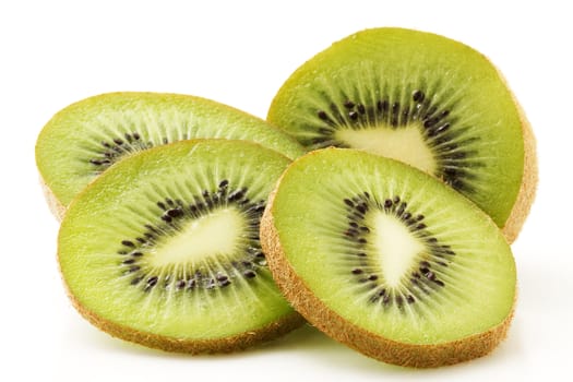 one kiwifruit and some slices isolated on white background