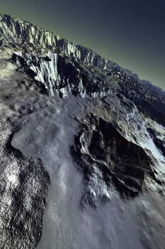 Virtual flight over a moonlike landscape. 3D rendered Illustration.