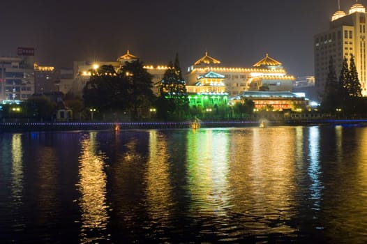 Nightscape of Nantong city, Jiangsu province, China. Wonderful cityscape with famous Haohe river. 