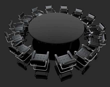 black hall with round negotiating table and office chairs