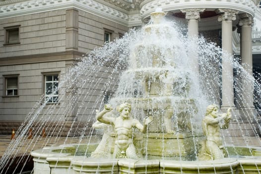 Fountain build in classic roman style. Decoration in front of Chinese hotel, Nantong city.