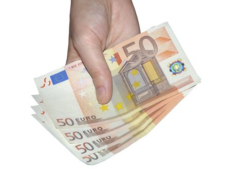 Person's hand with several notes of euro