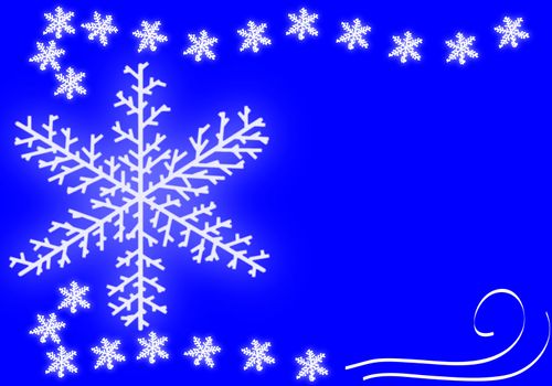 Big snowflake and some smaller ones on blue background