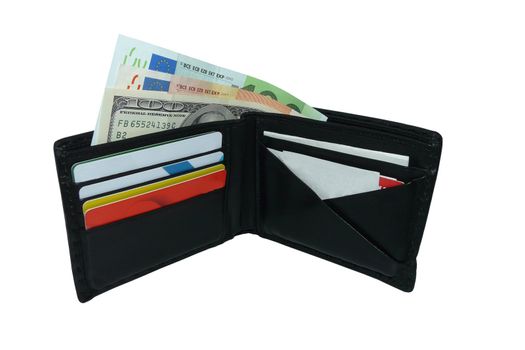 Black wallet with notes of euro and dollar