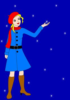 Beautiful girl in blue coat holding a star (snowflake)