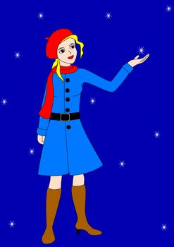 Beautiful girl in blue coat holding a star (snowflake)