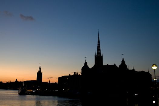 Silhouette of Stockholm, The City Hall, Riddarholm cathedral. Sweden