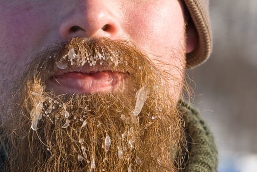 A man with ice in his beard. A portrait not showing the whole face.
