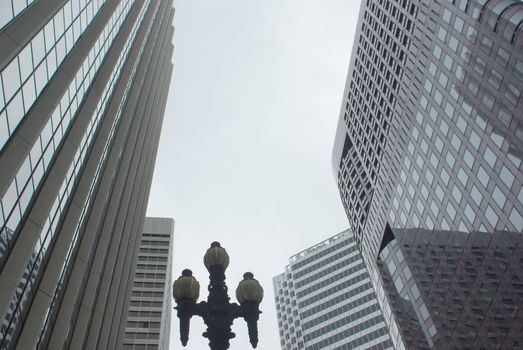 Tall office buildings in San Francisco on an a gray overcast day